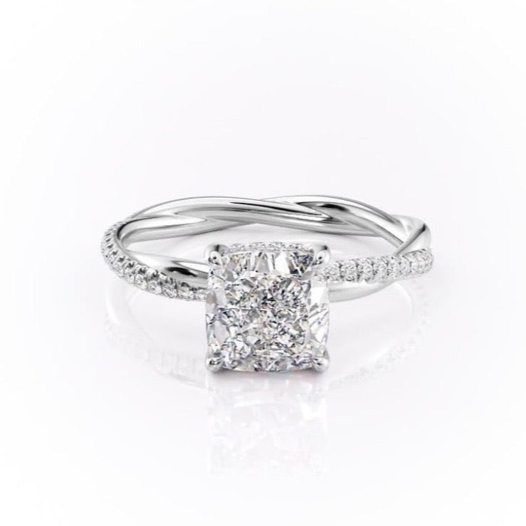 Cushion Cut Lab Diamond Twisted Shoulder Set Ring With Hidden Halo