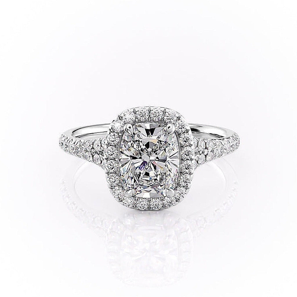 Elongated Cushion Cut Lab Diamond Engagement Ring, Halo With Split Shank