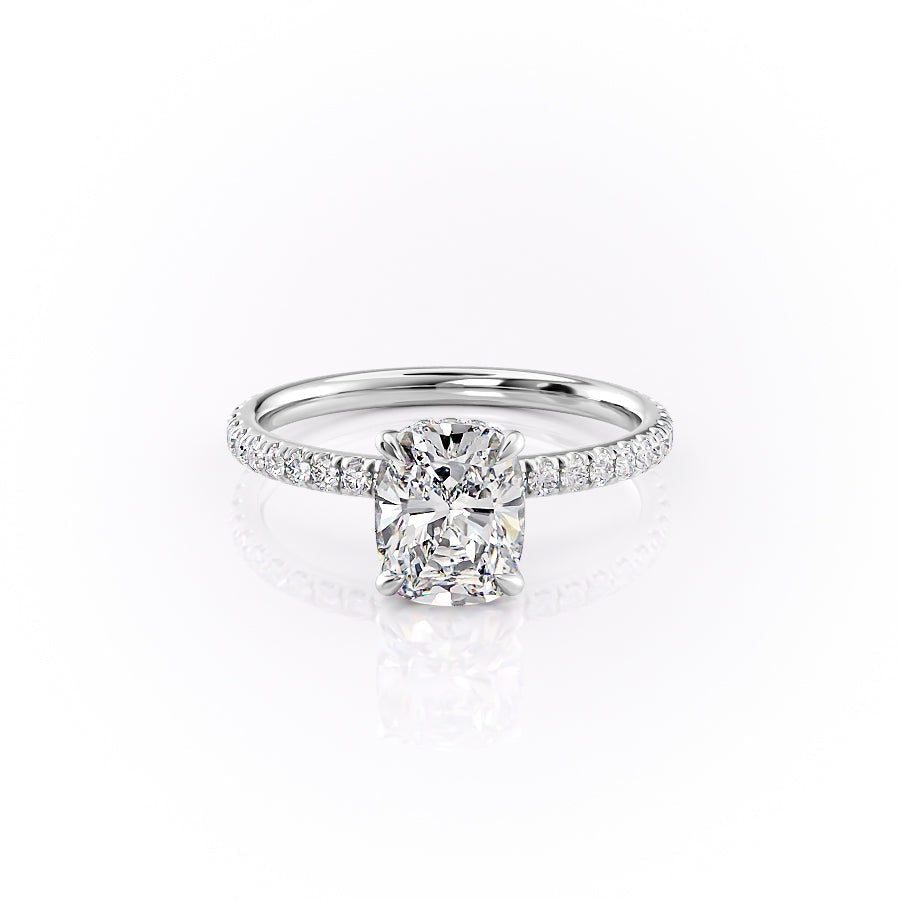 Elongated Cushion Cut Lab Diamond Engagement Ring, Hidden Halo