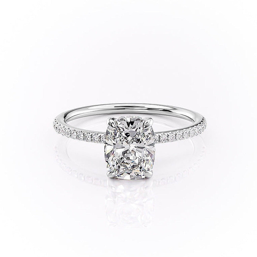 Elongated Cushion Cut Lab Diamond Engagement Ring, Hidden Halo