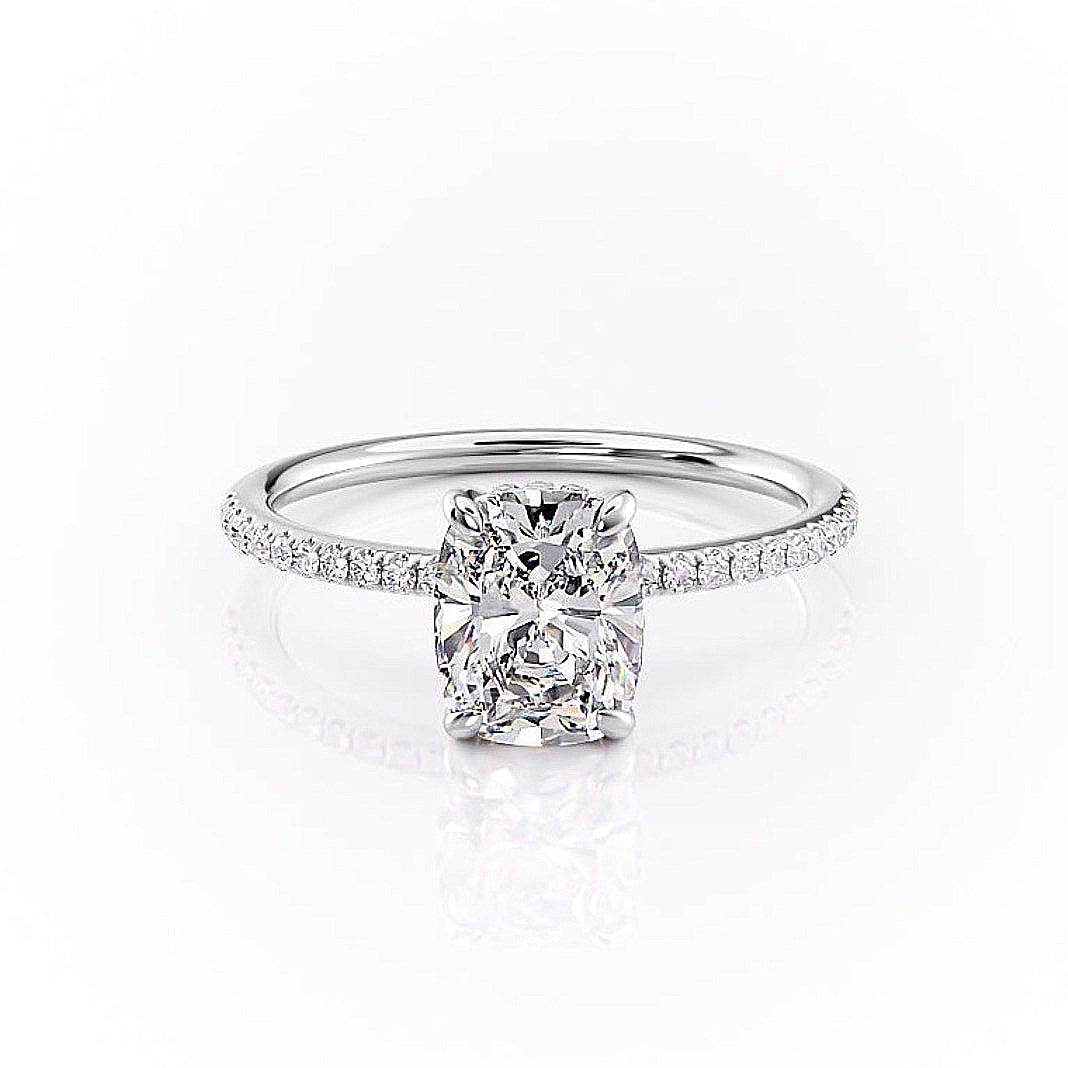 Elongated Cushion Cut Lab Diamond Engagement Ring, Hidden Halo