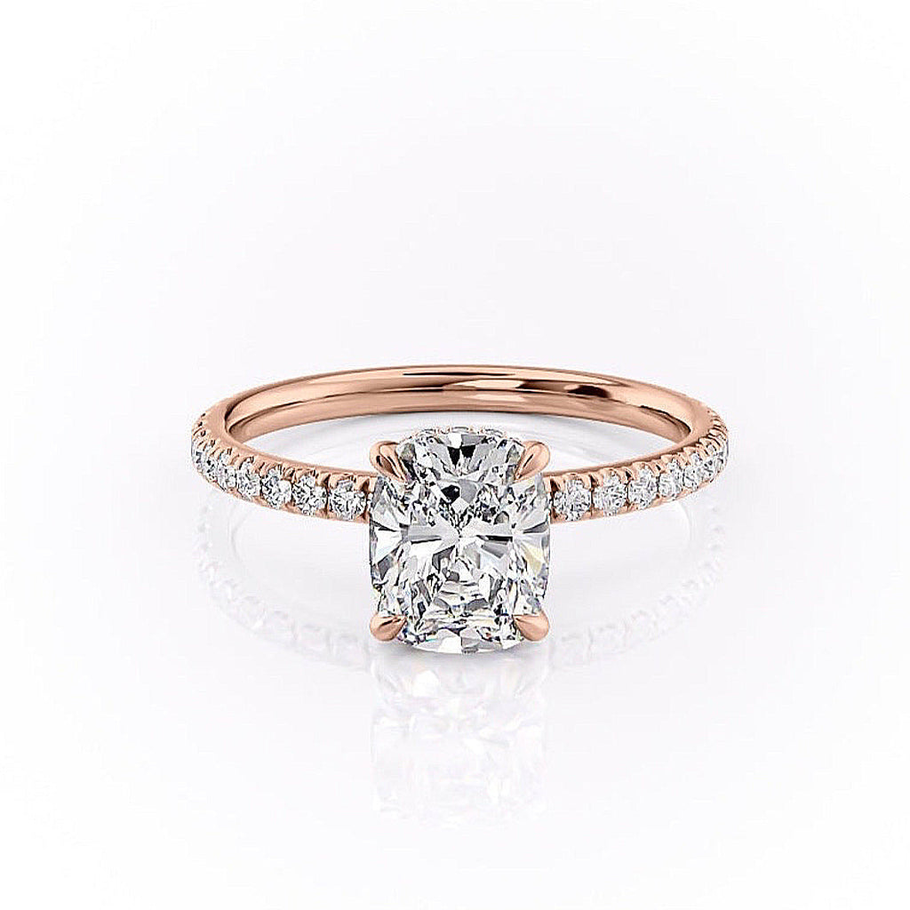 Elongated Cushion Cut Lab Diamond Engagement Ring, Hidden Halo