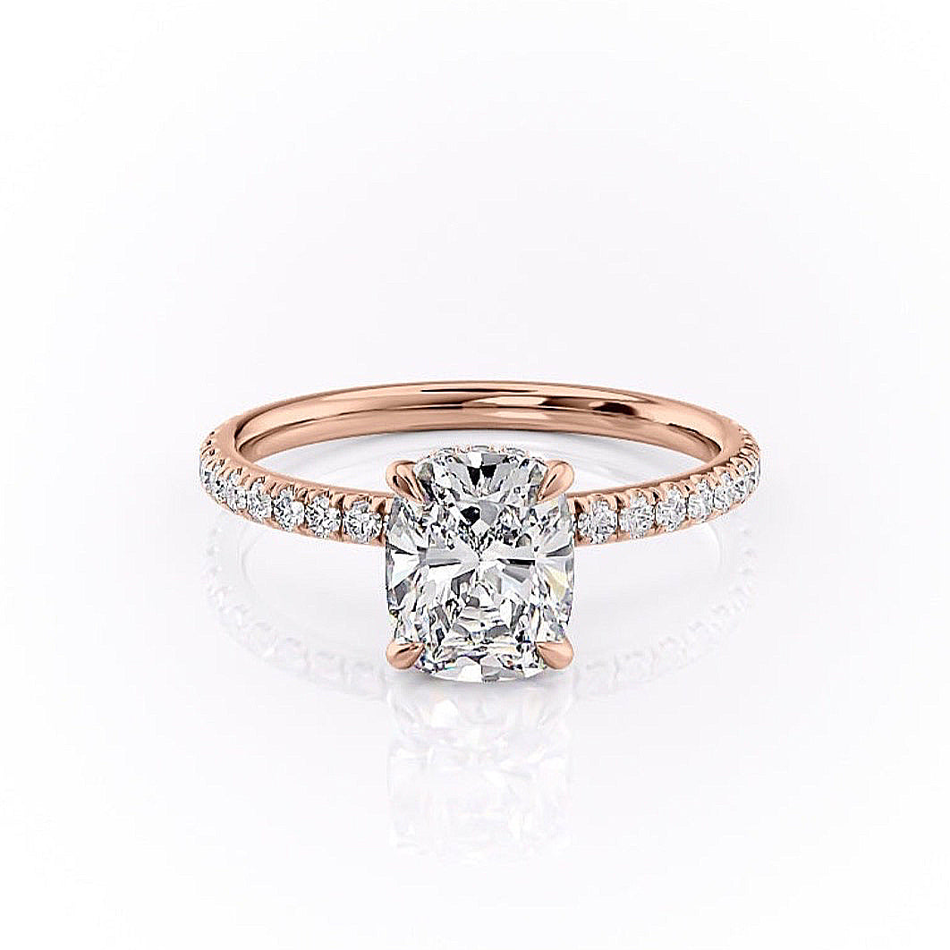 Elongated Cushion Cut Lab Diamond Engagement Ring, Hidden Halo