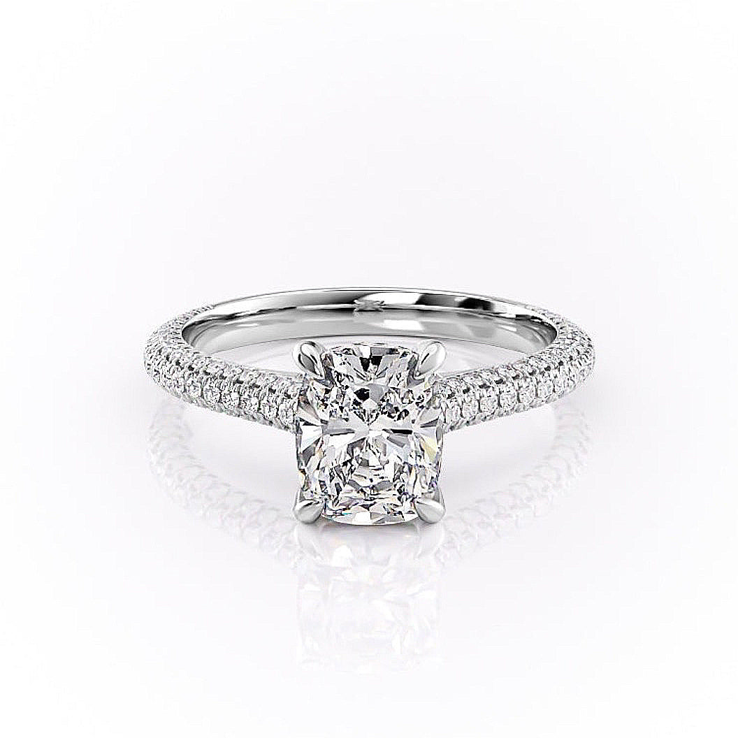 Elongated Cushion Cut Lab Diamond Engagement Ring, Pave Set Shoulders