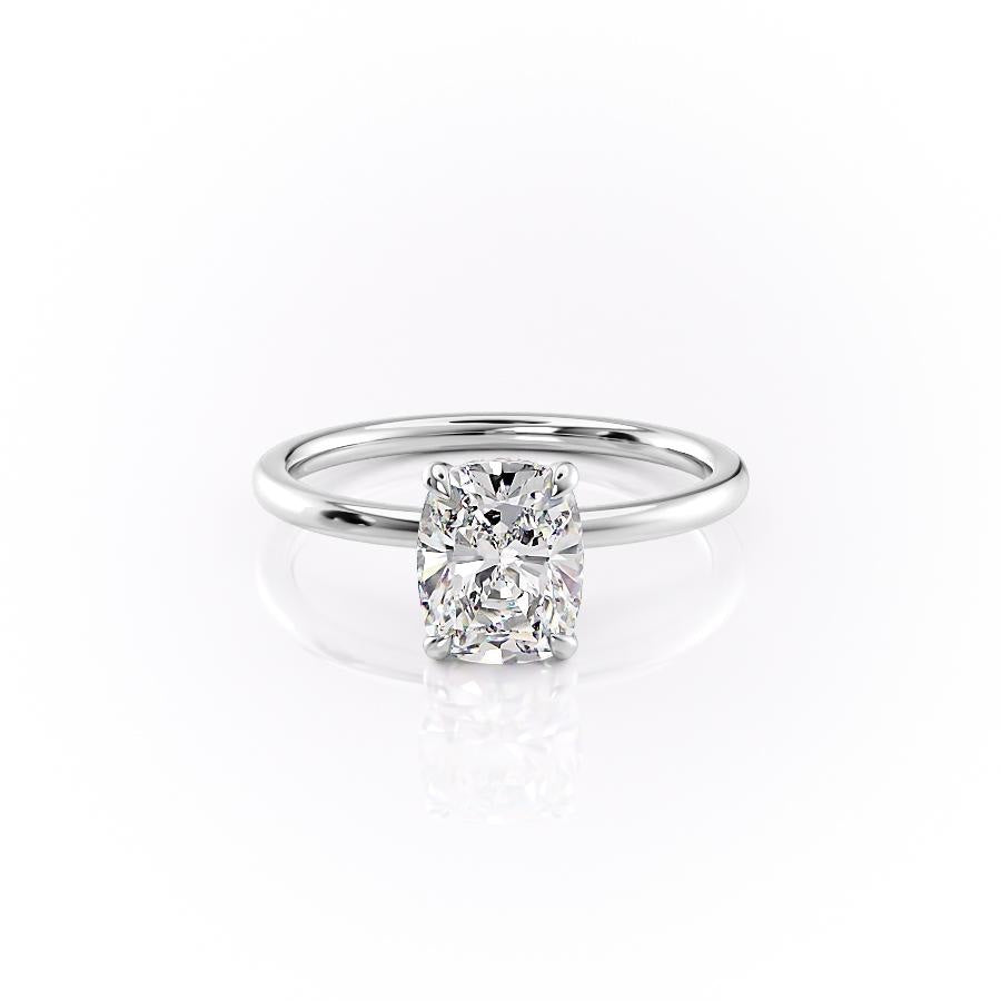 Elongated Cushion Cut Lab Diamond Engagement Ring, Plain Band With Hidden Halo