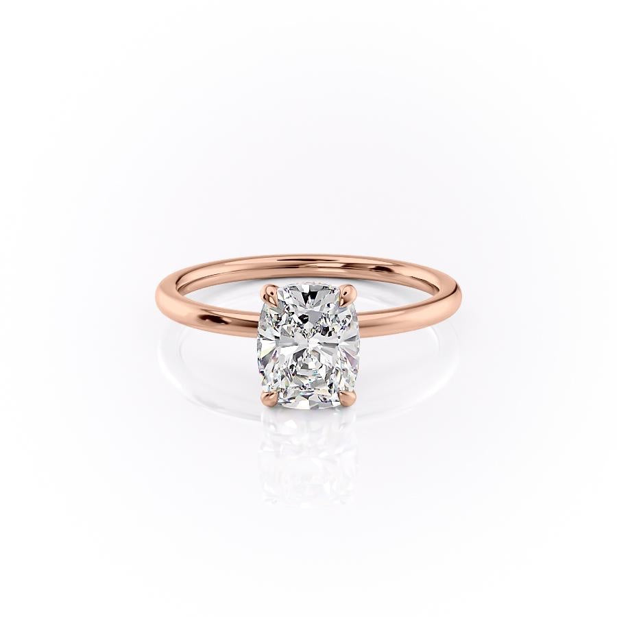 Elongated Cushion Cut Lab Diamond Engagement Ring, Plain Band With Hidden Halo