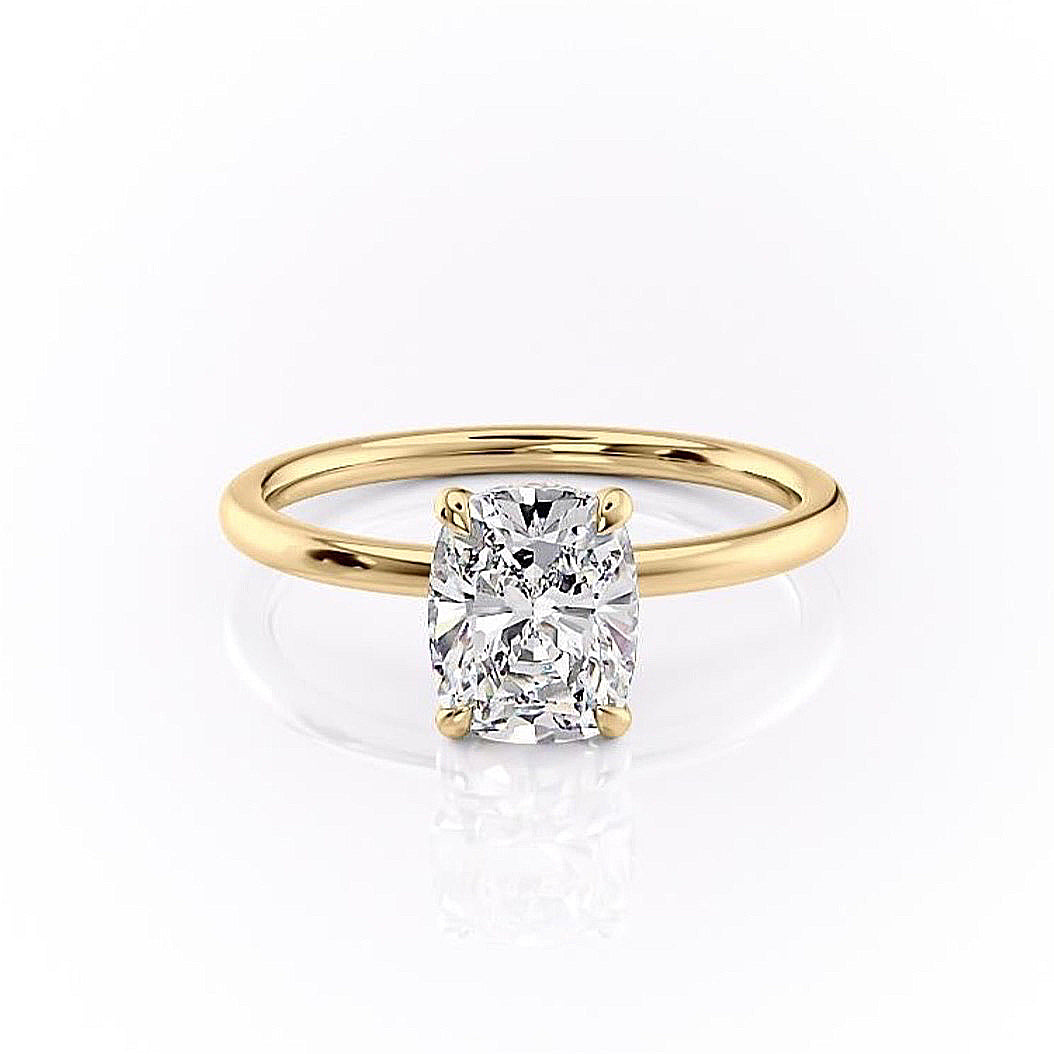 Elongated Cushion Cut Lab Diamond Engagement Ring, Plain Band With Hidden Halo