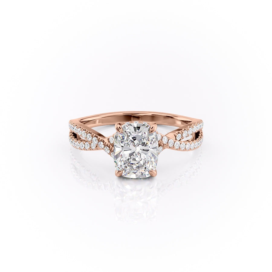 Elongated Cushion Cut Lab Diamond Engagement Ring, Twisted Stone Set Band