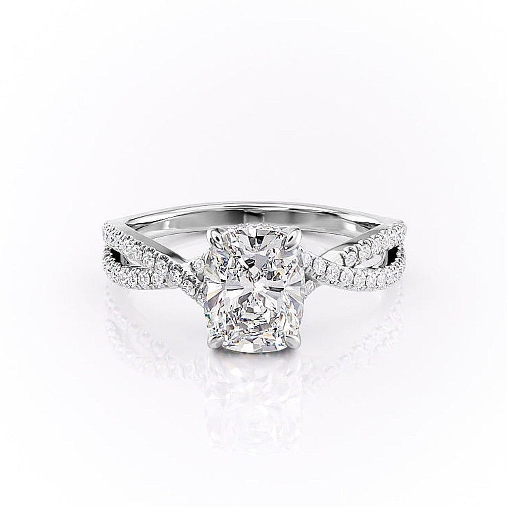 Elongated Cushion Cut Lab Diamond Engagement Ring, Twisted Stone Set Band