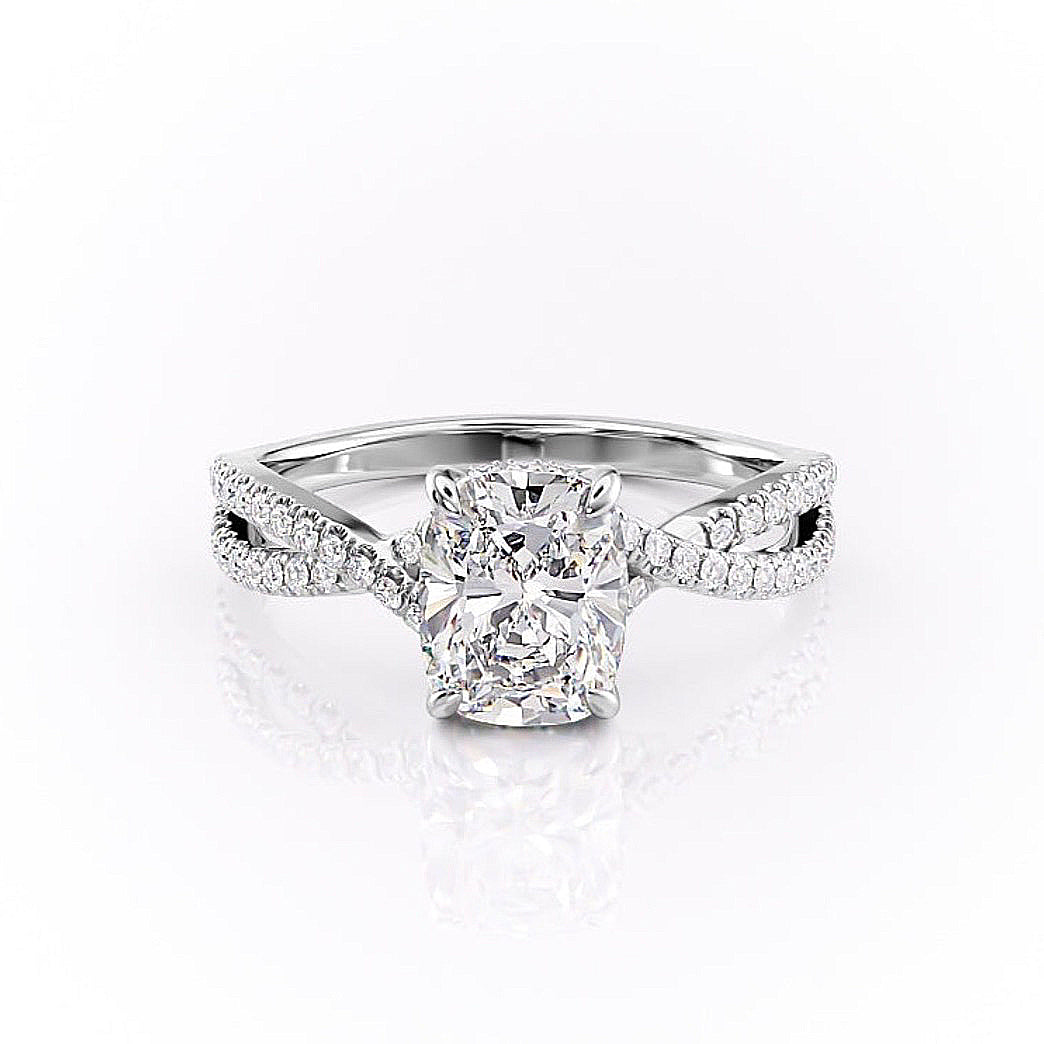 Elongated Cushion Cut Lab Diamond Engagement Ring, Twisted Stone Set Band