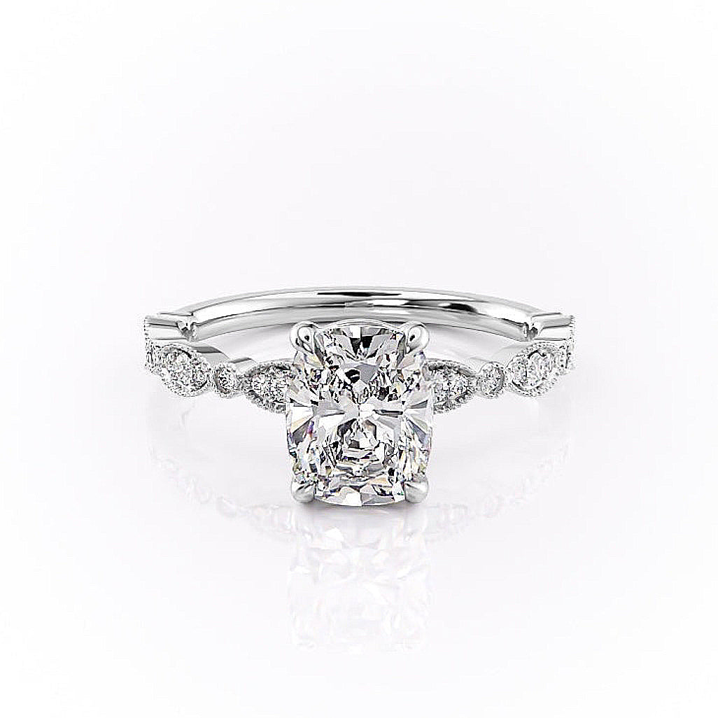 Elongated Cushion Cut Lab Diamond Engagement Ring, Vintage Design