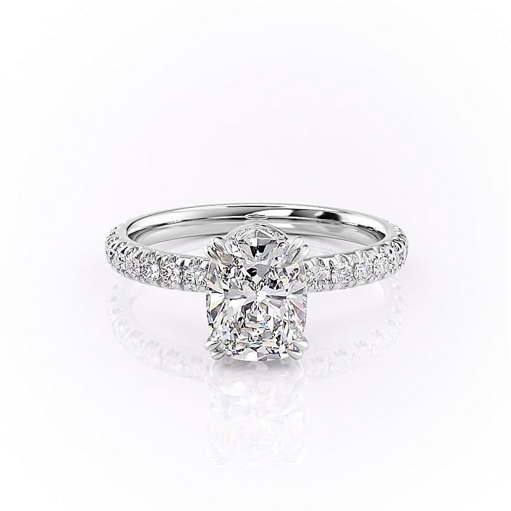 Elongated Cushion Cut Lab Diamond Shoulder Set Ring With Block Halo