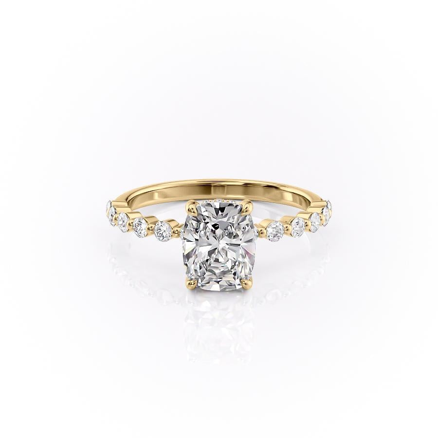 Elongated Cushion Cut Lab Diamond Shoulder Set Ring With Hidden Halo
