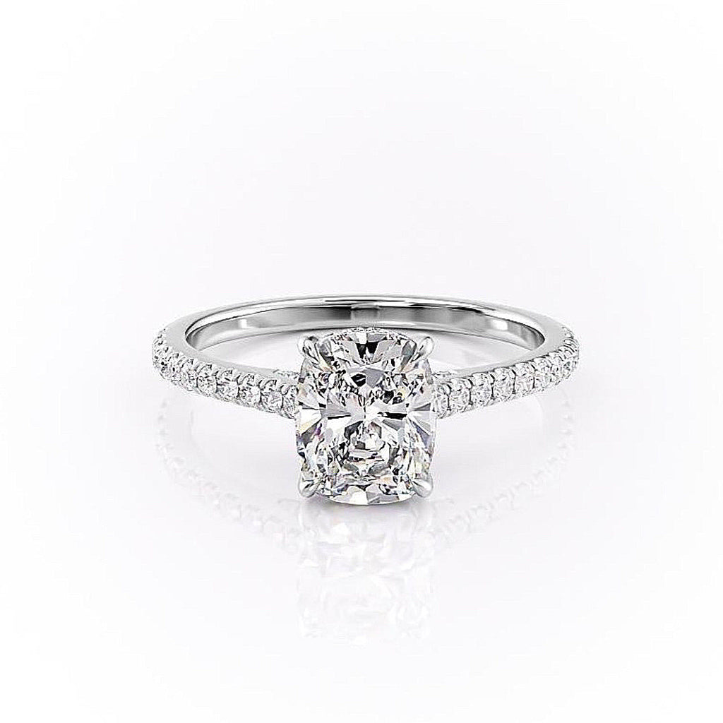 Elongated Cushion Cut Lab Diamond Shoulder Set Ring With Hidden Halo