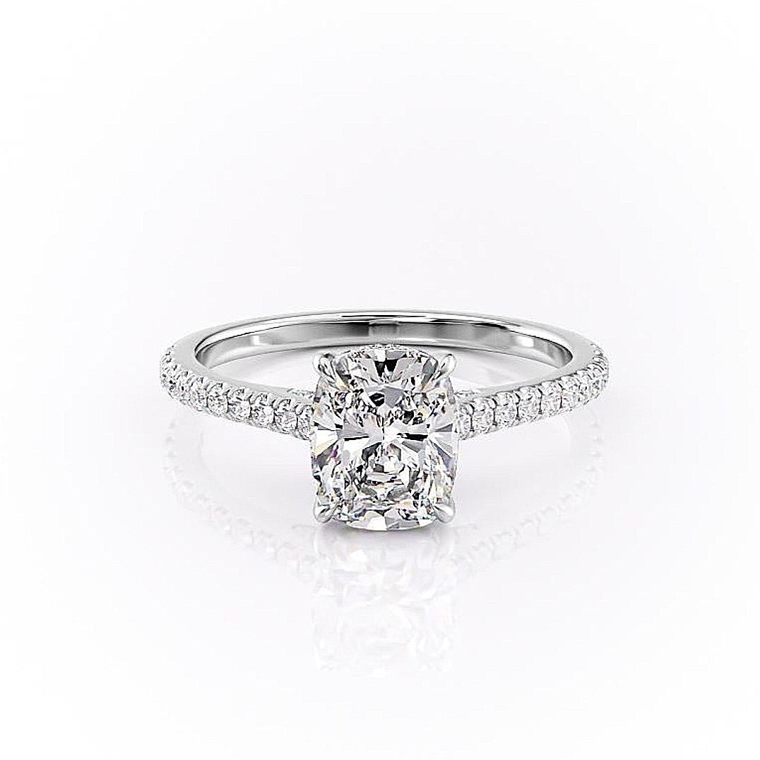 Elongated Cushion Cut Lab Diamond Shoulder Set Ring With Hidden Halo
