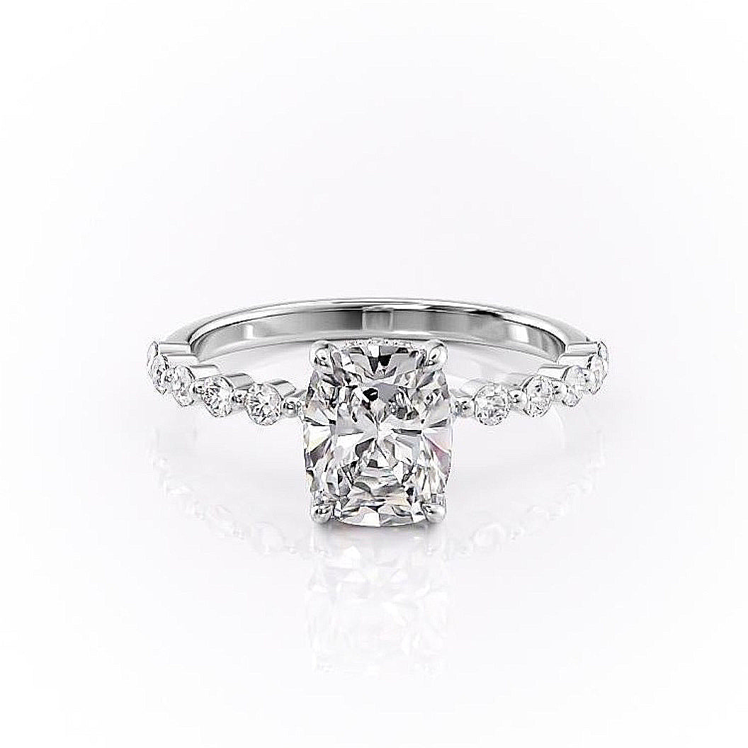 Elongated Cushion Cut Lab Diamond Shoulder Set Ring With Hidden Halo
