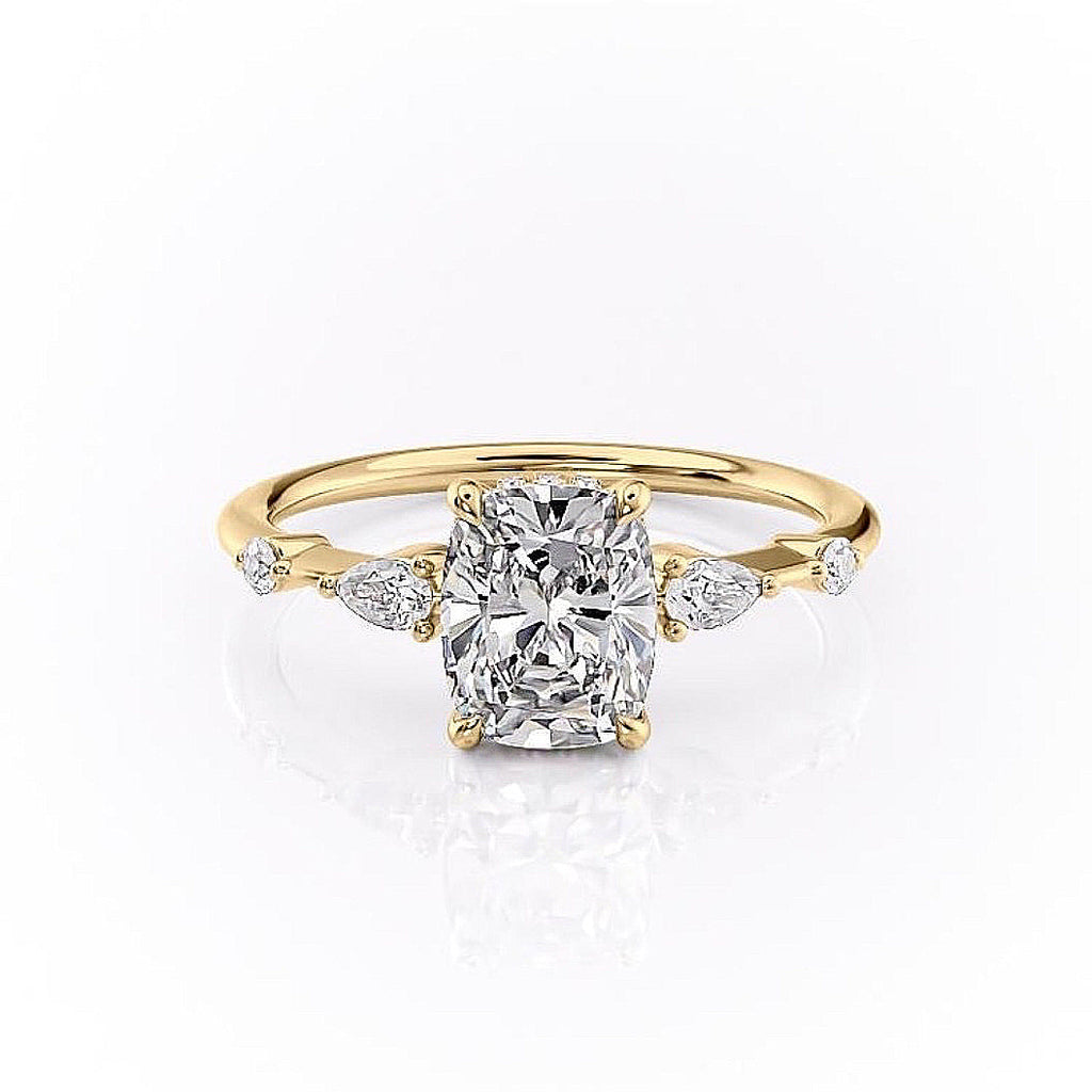 Elongated Cushion Cut Lab Diamond Shoulder Set Ring With Hidden Halo