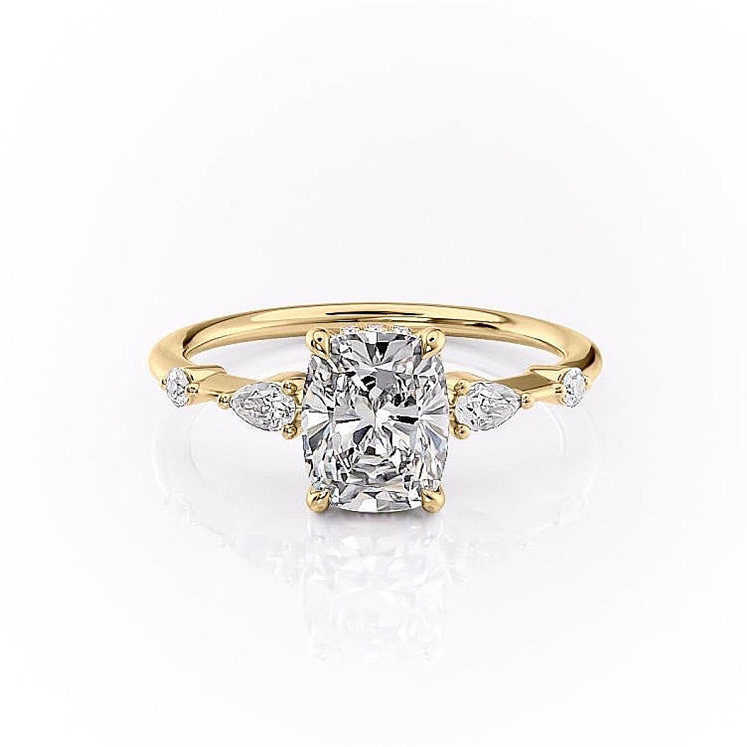 Elongated Cushion Cut Lab Diamond Shoulder Set Ring With Hidden Halo