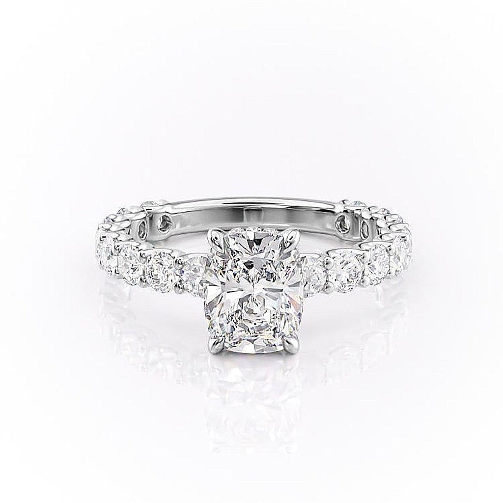Elongated Cushion Cut Lab Diamond Stone Set Shoulders With Hidden Halo