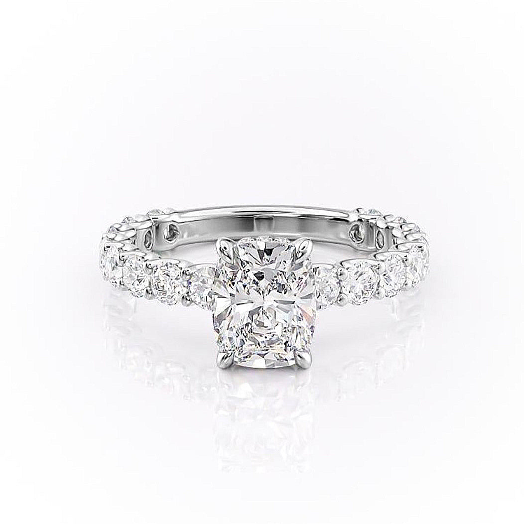 Elongated Cushion Cut Lab Diamond Stone Set Shoulders With Hidden Halo