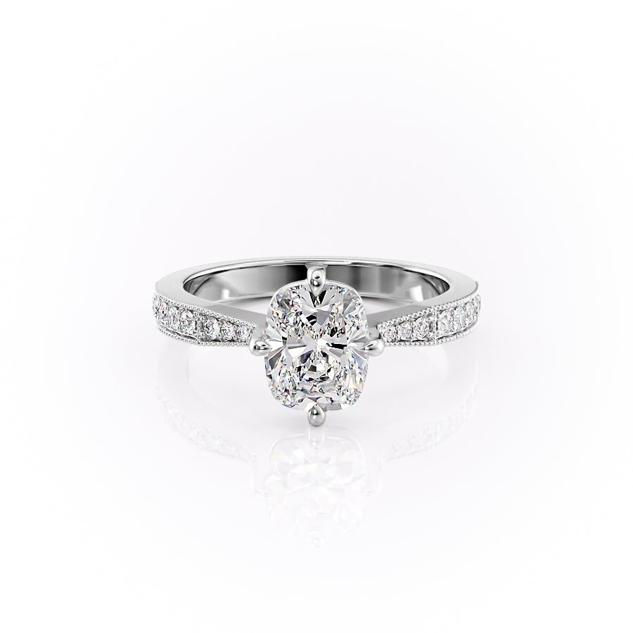 Elongated Cushion Cut Lab Diamond Stone Set Shoulders With Milgrain Edge