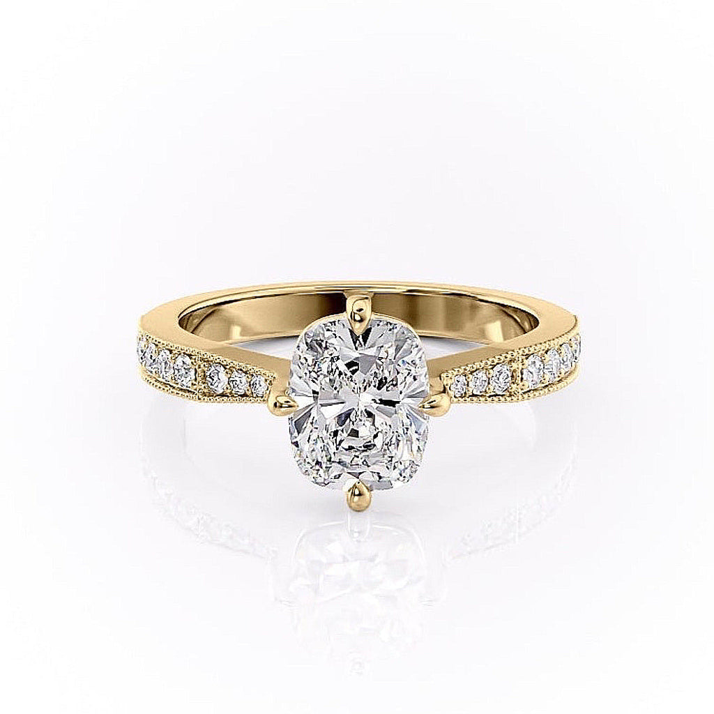 Elongated Cushion Cut Lab Diamond Stone Set Shoulders With Milgrain Edge