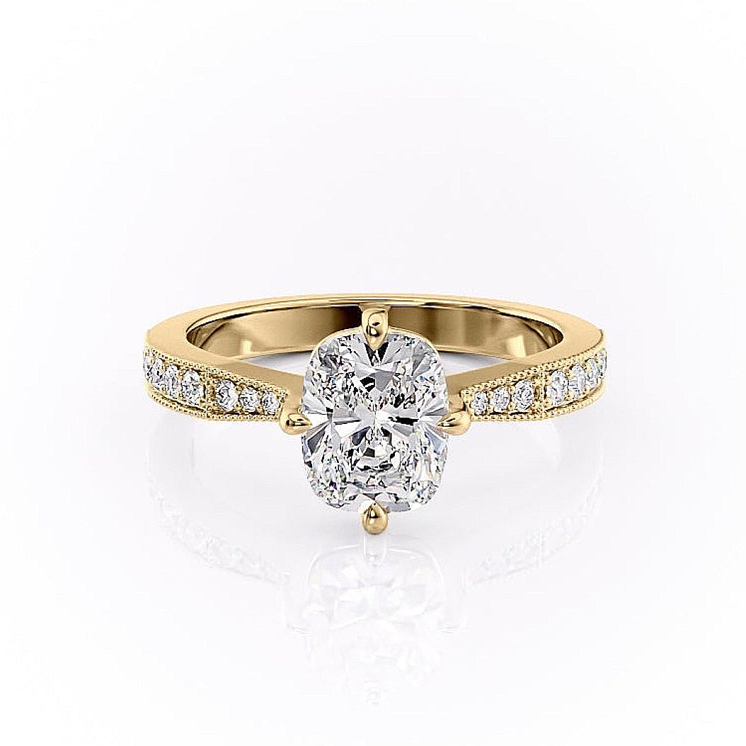 Elongated Cushion Cut Lab Diamond Stone Set Shoulders With Milgrain Edge