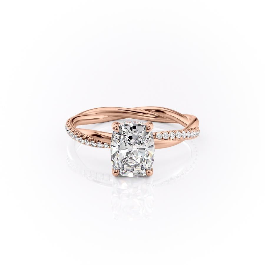 Elongated Cushion Cut Lab Diamond Twisted Shoulder Set Ring With Hidden Halo