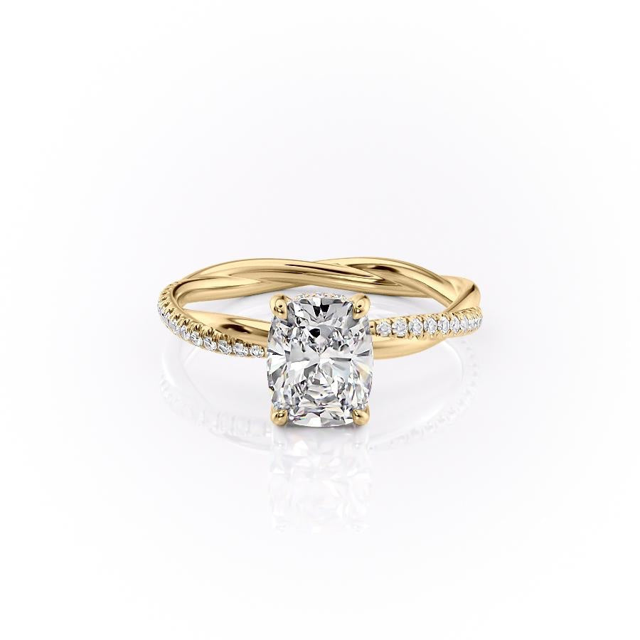 Elongated Cushion Cut Lab Diamond Twisted Shoulder Set Ring With Hidden Halo