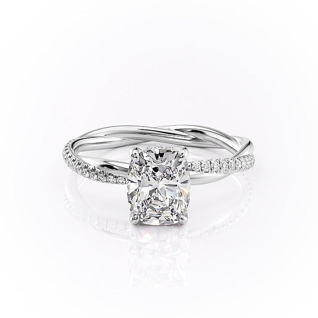 Elongated Cushion Cut Lab Diamond Twisted Shoulder Set Ring With Hidden Halo