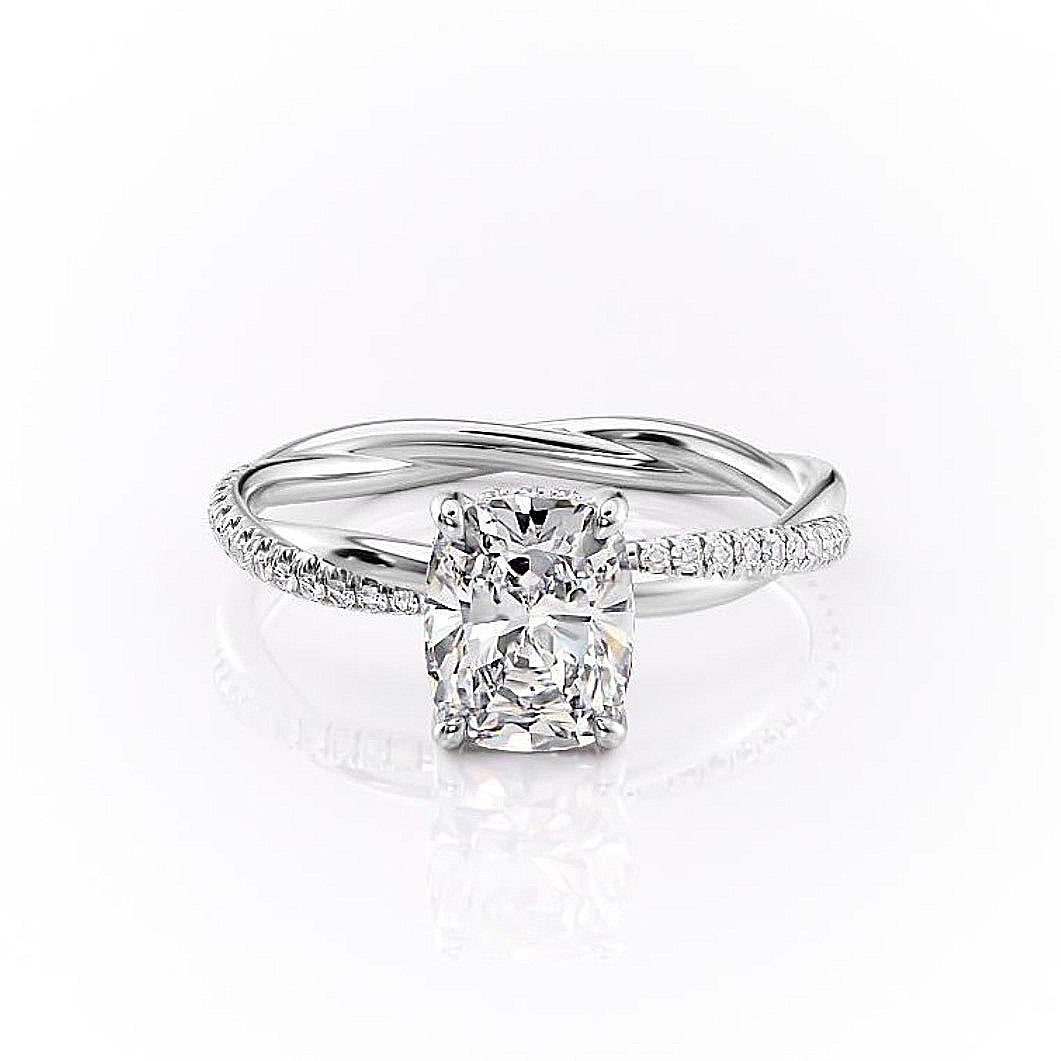 Elongated Cushion Cut Lab Diamond Twisted Shoulder Set Ring With Hidden Halo