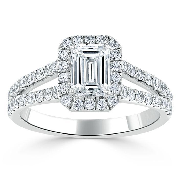 Emerald Cut Lab Diamond Engagement Ring, Classic Halo with Split Shank