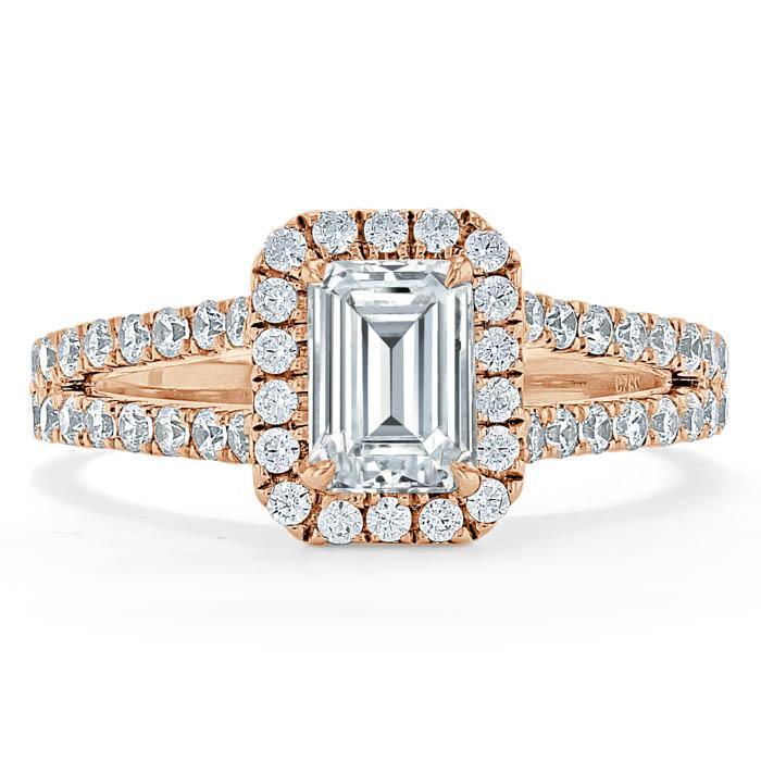 Emerald Cut Lab Diamond Engagement Ring, Classic Halo with Split Shank