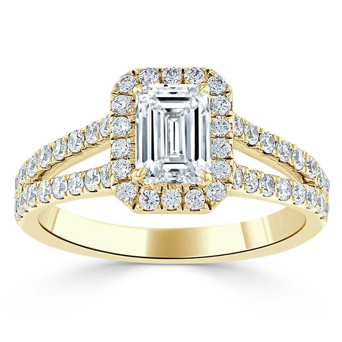 Emerald Cut Lab Diamond Engagement Ring, Classic Halo with Split Shank