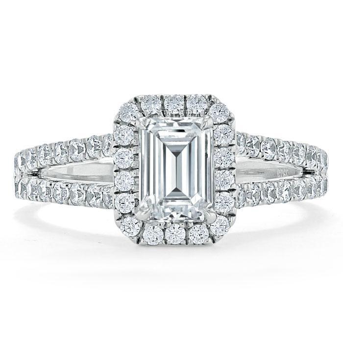 Emerald Cut Lab Diamond Engagement Ring, Classic Halo with Split Shank