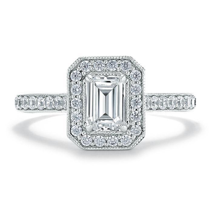 Emerald Cut Lab Diamond Engagement Ring, Classic Halo