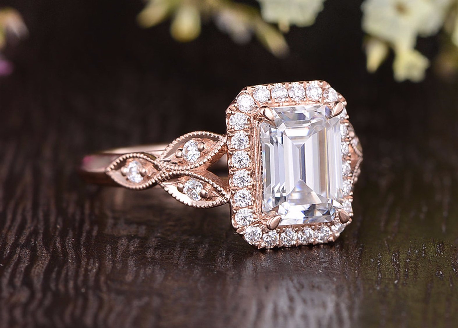 Emerald Cut Lab Diamond Engagement Ring, Floral Art Deco Halo Design