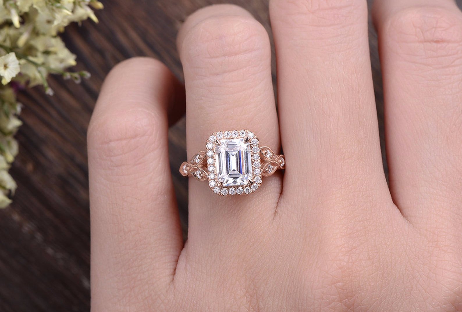 Emerald Cut Lab Diamond Engagement Ring, Floral Art Deco Halo Design