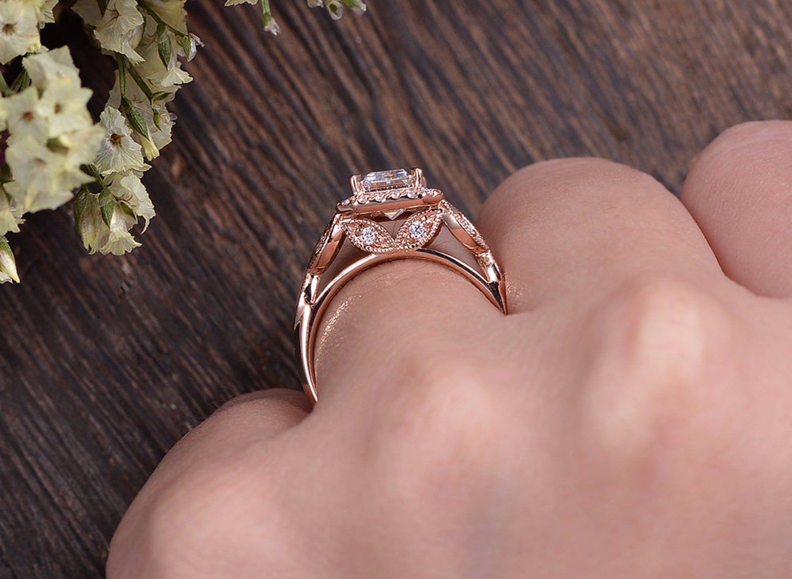 Emerald Cut Lab Diamond Engagement Ring, Floral Art Deco Halo Design