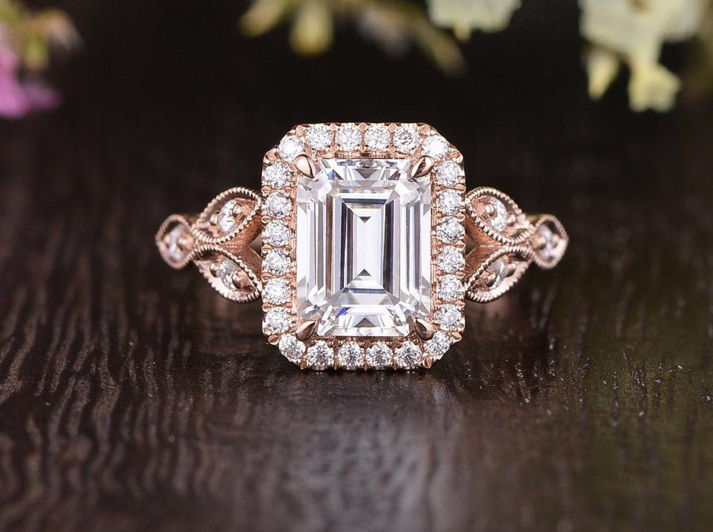 Emerald Cut Lab Diamond Engagement Ring, Floral Art Deco Halo Design