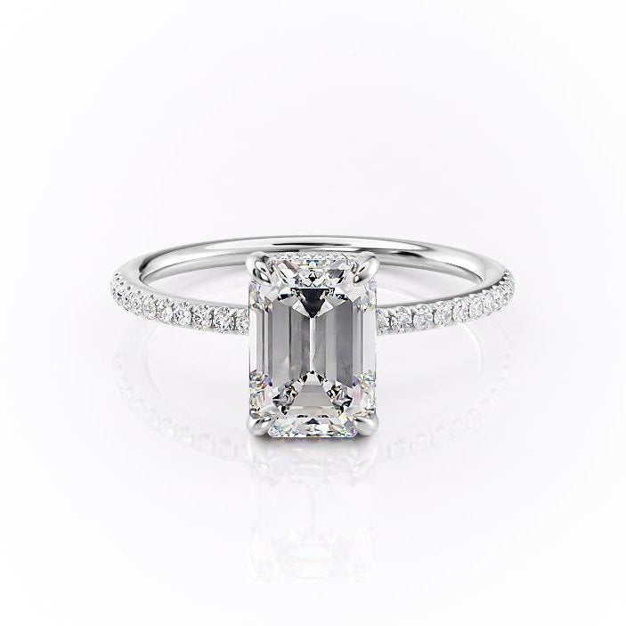 Emerald Cut Lab Diamond Engagement Ring, Hidden Halo