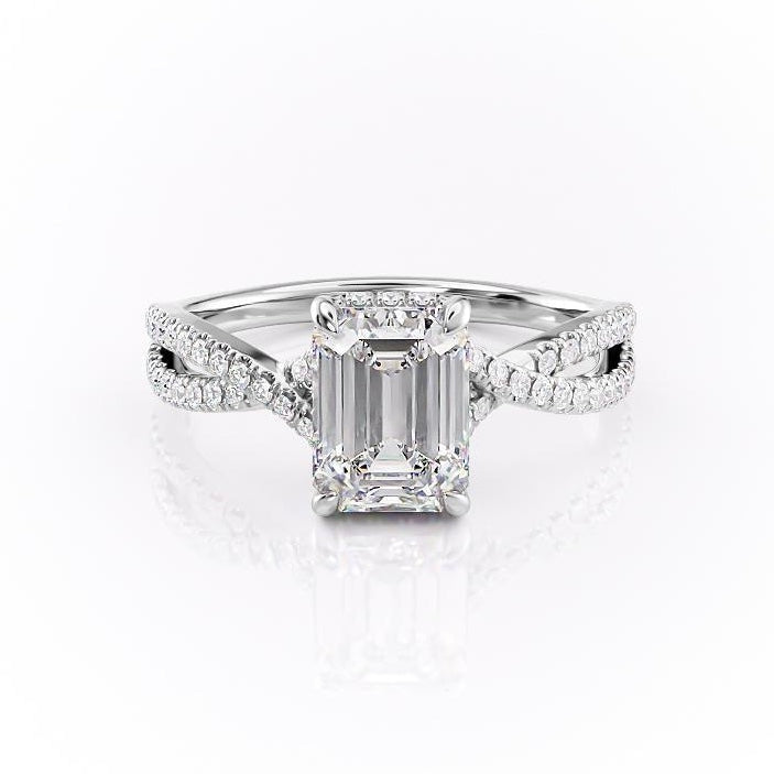 Emerald Cut Lab Diamond Engagement Ring, Twisted Stone Set Shoulders