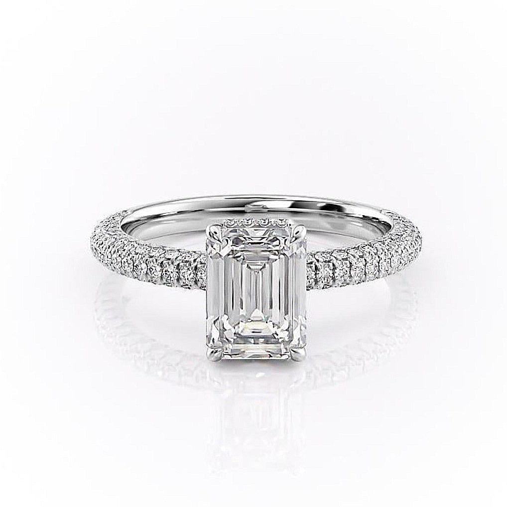 Emerald Cut Lab Diamond Pavé Set Shoulders With Hidden Halo