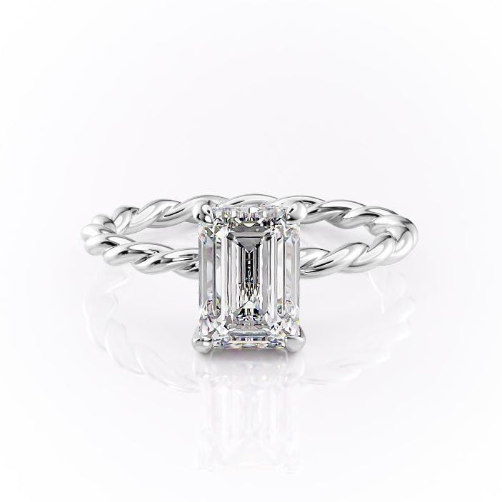 Emerald Cut Lab Diamond Ring, Twisted Band With Hidden Halo