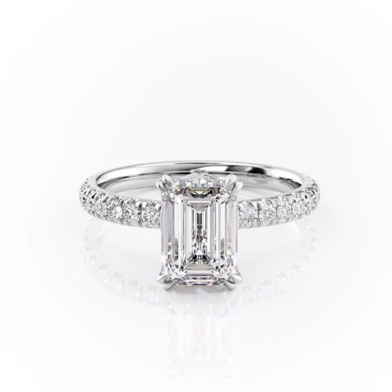 Emerald Cut Lab Diamond Shoulder Set Ring With Block Halo