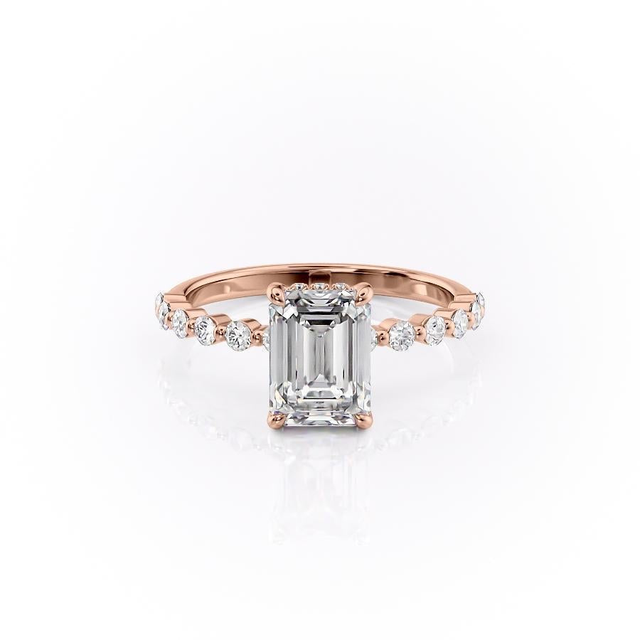 Emerald Cut Lab Diamond Shoulder Set Ring With Hidden Halo
