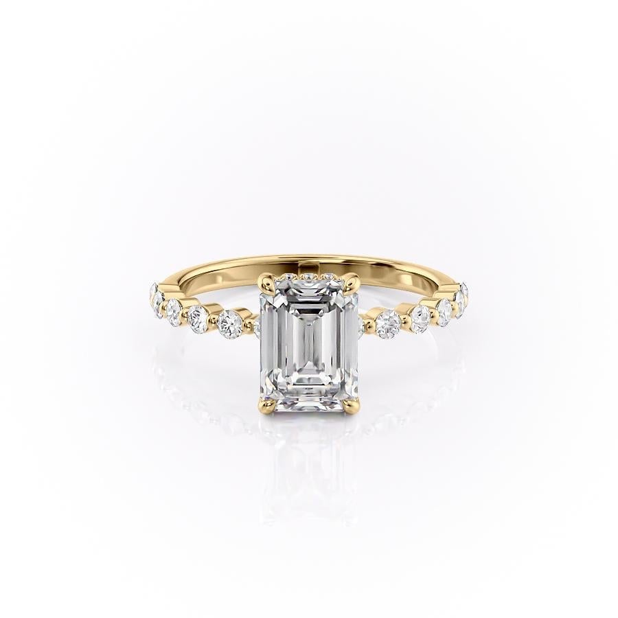 Emerald Cut Lab Diamond Shoulder Set Ring With Hidden Halo