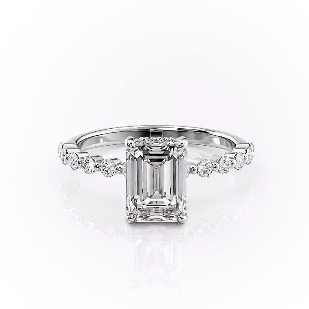 Emerald Cut Lab Diamond Shoulder Set Ring With Hidden Halo