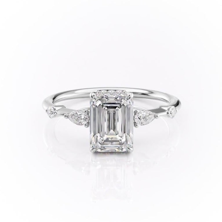 Emerald Cut Lab Diamond Shoulder Set Ring With Hidden Halo