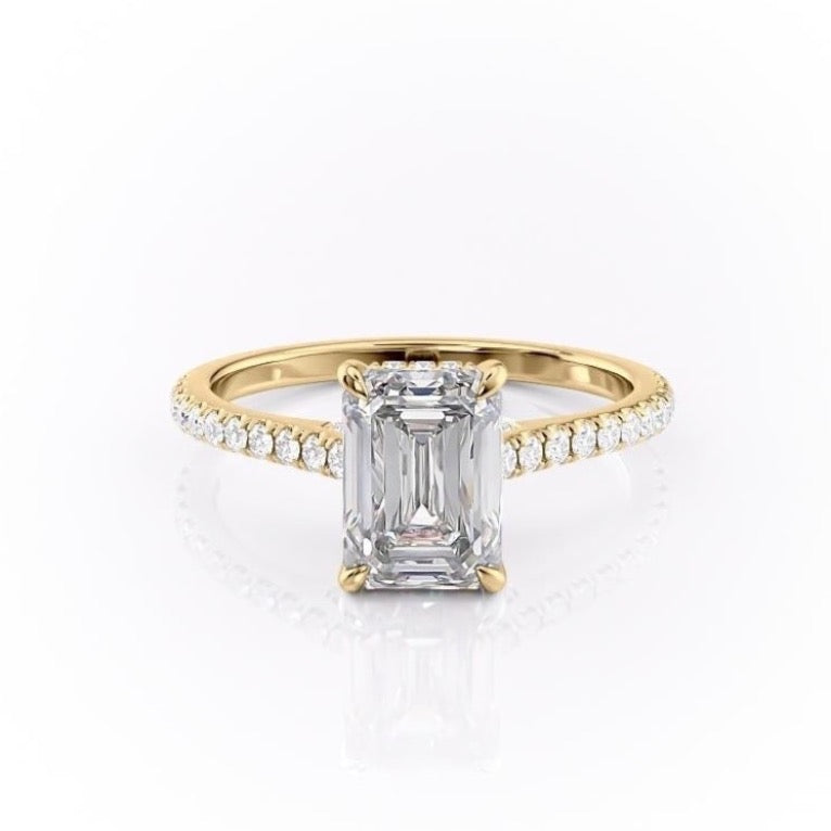 Emerald Cut Lab Diamond Shoulder Set Ring With Hidden Halo